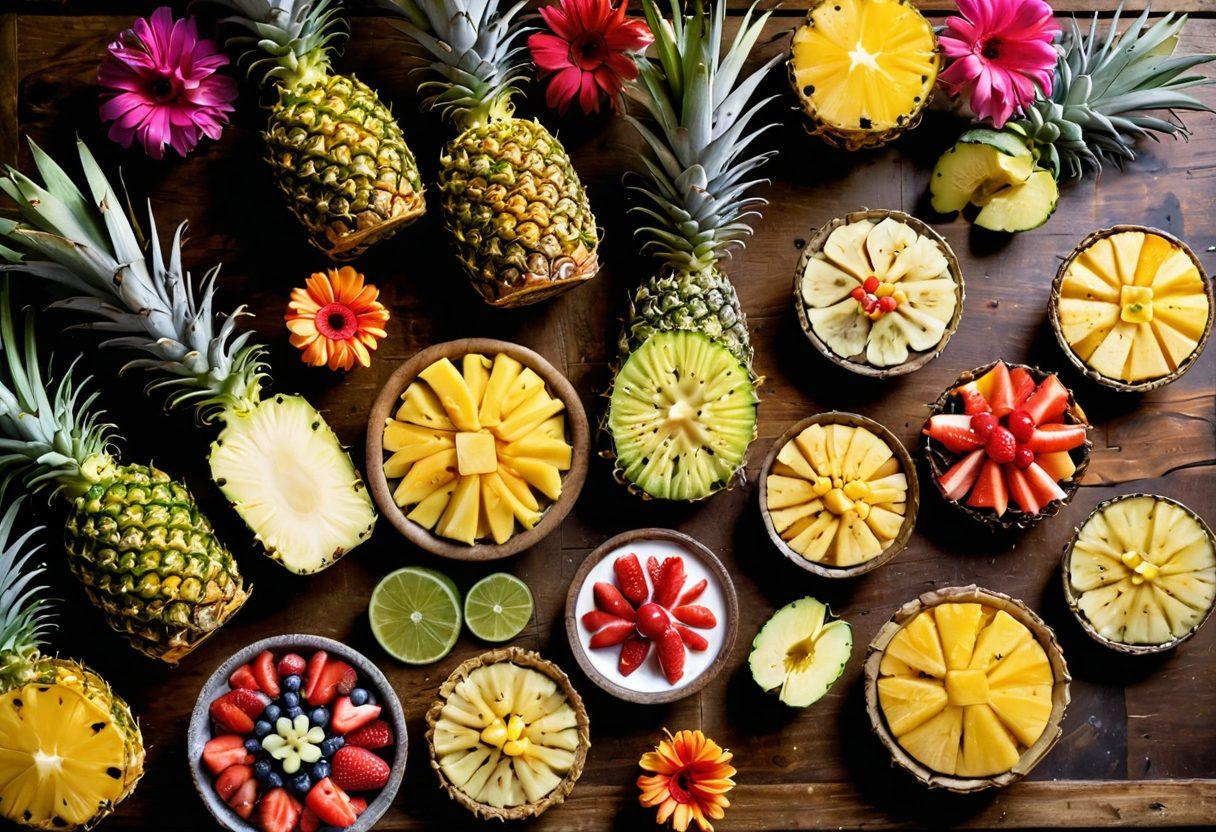 A vibrant, mouth-watering display of ten different pineapple dishes artfully arranged on a rustic wooden table, featuring fresh pineapples sliced open, a tropical smoothie, a pineapple salsa, grilled pineapple skewers, and a colorful fruit salad. Bright tropical flowers should frame the scene, evoking a summery feel. Soft natural lighting enhances the freshness of the ingredients. super-realistic. vibrant colors. warm ambiance.