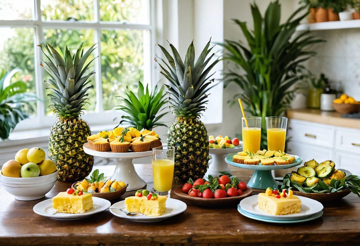 A beautifully arranged table featuring a variety of dishes highlighting pineapple, such as a fresh pineapple salsa, pineapple-infused smoothies, and a healthy pineapple cake. The background shows a tropical kitchen with lush green plants and natural light streaming in. Vibrant colors of yellows, greens, and whites evoke a fresh and healthy atmosphere. The layout should emphasize the versatility of pineapple in both snacks and desserts. super-realistic. vibrant colors. natural light.