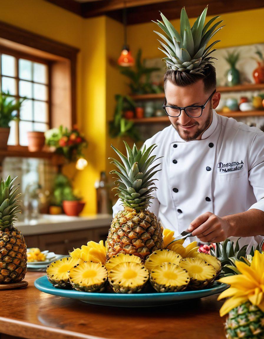 A vibrant kitchen scene showcasing an array of unique pineapple dishes elegantly presented. Include a chef in action, skillfully cutting a pineapple with a colorful dish in the foreground. Feature tropical decor in the background to enhance the cheerful ambiance and reflect culinary creativity. Use bright colors to make the pineapple dishes pop and invite curiosity. super-realistic. vibrant colors. warm lighting.